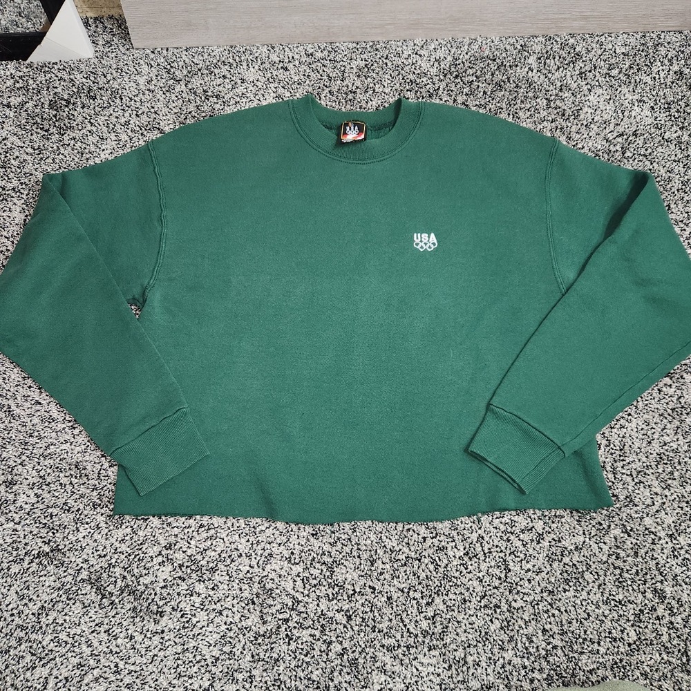 Vtg 90's Olympics JC Penney Green USA Made Crew Neck Cropped Sweatshirt SIZE L